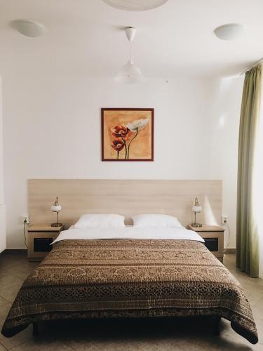 a bedroom with a bed and two tables and a picture at Pensiunea Encian in Colibiţa