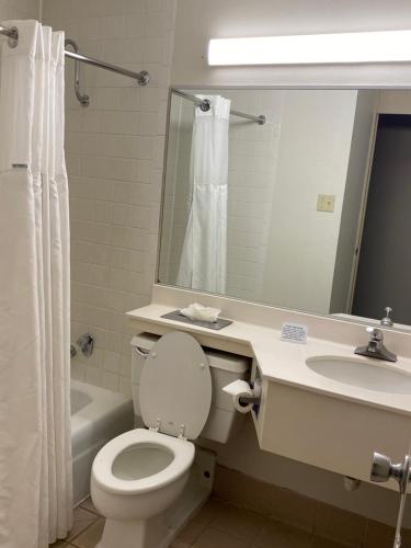 a bathroom with a toilet and a sink and a mirror at Ramada by Wyndham Albuquerque Midtown in Albuquerque