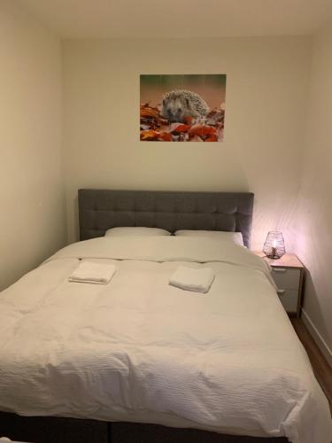 um quarto com uma cama grande com duas toalhas em De Spitse Egel: ontdek de pareltjes in de natuur! em Otterlo