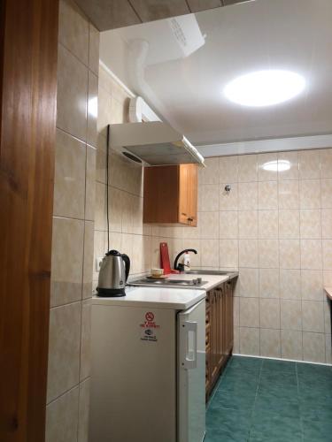 a small kitchen with a sink and a refrigerator at Apartment complex in Sumy