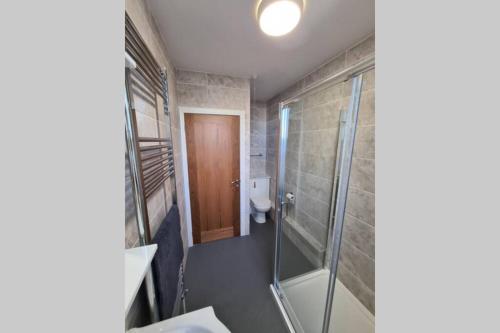 a bathroom with a shower and a toilet and a sink at Beautiful Seaside Apartment With Parking in Ventnor