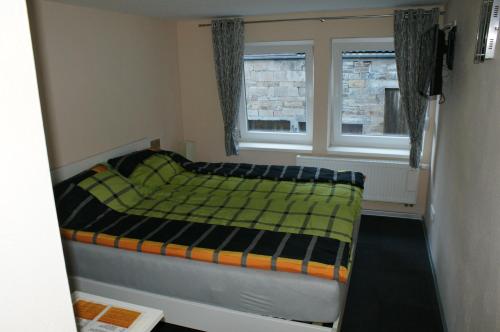 a small bedroom with a bed with a green comforter at Ferien-/Monteurwohnung Olbrich in Hilchenbach