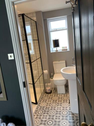 a bathroom with a toilet and a sink at Sherlocks lodgings in Whitby