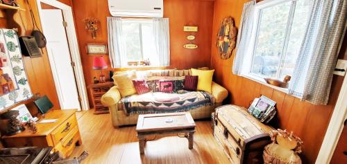 a living room with a couch and a table at Time Traveler Retreat in Julian