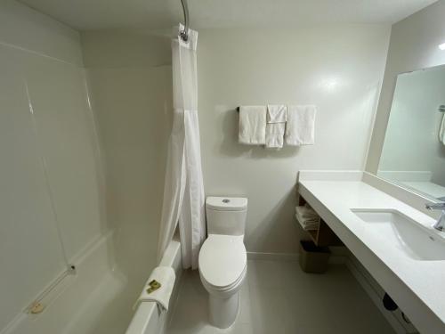 a white bathroom with a toilet and a sink at Chalet Continental Motel in Valemount