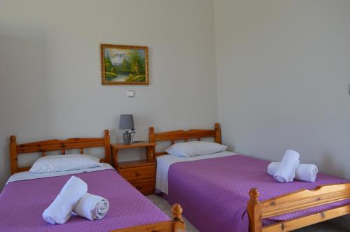 two beds in a room with purple sheets at Billy's Rooms in Moraitika