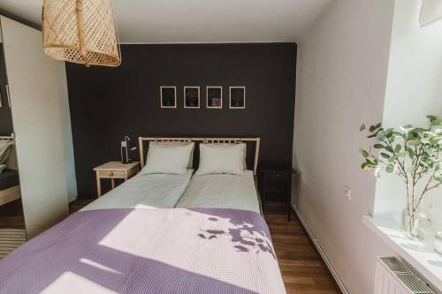 um quarto com uma cama grande e um cobertor roxo em Piastowska sleeping - mieszkanie w centrum miasta em Krosno