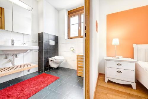 La salle de bains est pourvue de toilettes, d'un lavabo et d'un miroir. dans l'établissement Gartenappartement Füchsle by A-Appartments, à Brand