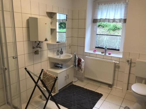 a bathroom with a sink and a toilet at Ferienwohnung Uhlig in Kurort Altenberg