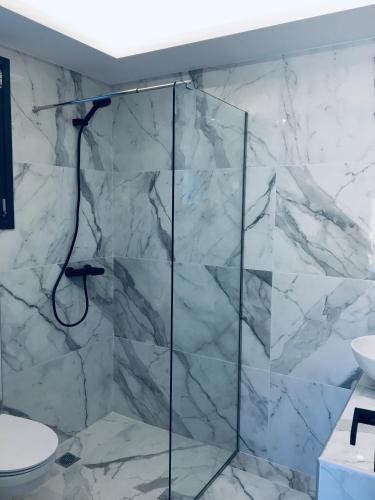 a bathroom with a glass shower with a toilet at Villa tranquility in Lagonissi