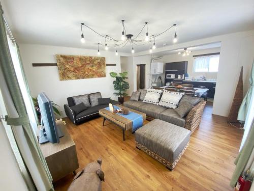a living room with two couches and a tv at 空港から車で15分 国際通りやパルコシティへは10分 アメリカンビレッジまでは20分 最大で8名まで泊まれる一軒家 in Kowan