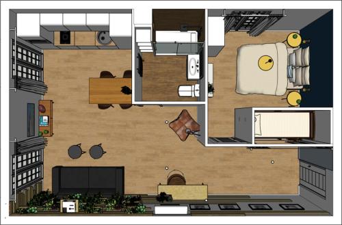 - un plan d'étage d'un appartement avec une chambre dans l'établissement Le XV d'Agen - Appart'Hôtel SPA - Clim - Melina & Alfred, à Agen