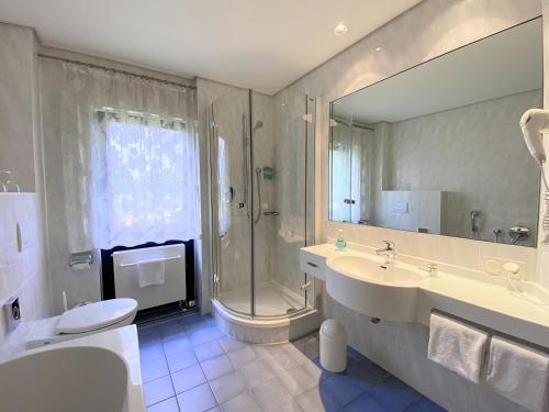 ein Bad mit einem Waschbecken, einer Dusche und einem WC in der Unterkunft REGIOHOTEL Wittekind Burg in Burg bei Magdeburg