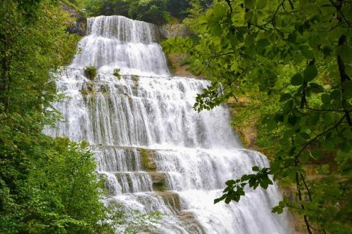 a large waterfall in the middle of a forest at L'Atelier du Peintre in Clairvaux-les-Lacs