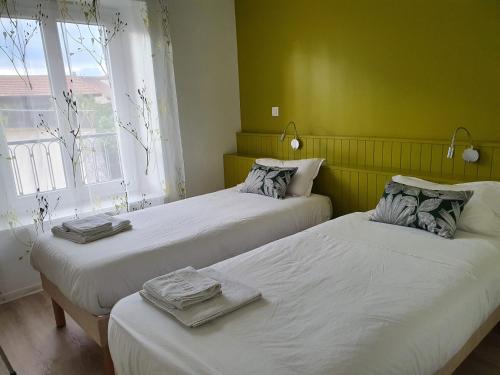two beds in a room with green walls and a window at GITE LES ARCHES in Saint-Andéol-le-Château