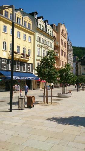 a group of buildings and trees in a plaza at Hotel Boston in Karlovy Vary