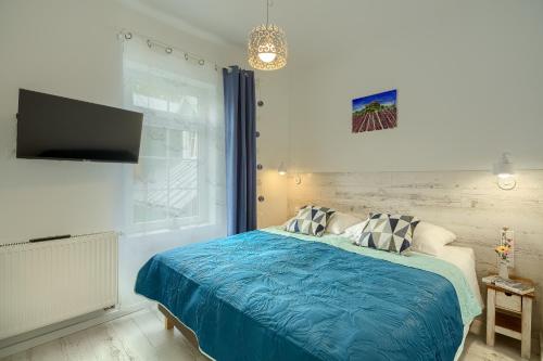 sypialnia z łóżkiem i telewizorem z płaskim ekranem w obiekcie Bruno w mieście Krynica Zdrój