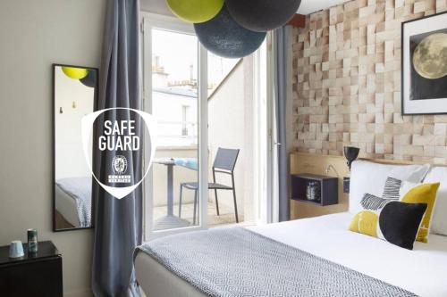 a bedroom with a bed with a safe guard sign on it at Hotel Bootcamp in Issy-les-Moulineaux