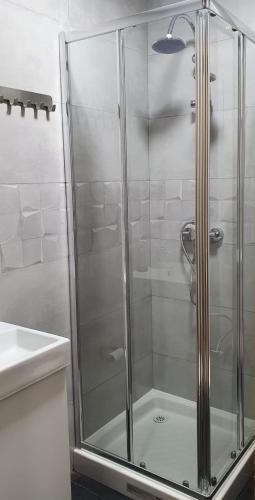a shower with a glass door next to a sink at Rooms Suite Planetario in Madrid