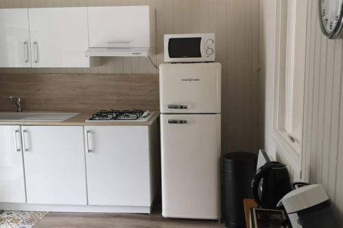 uma cozinha com um micro-ondas em cima de um frigorífico em La cabine en Baie de Somme em Cayeux-sur-Mer