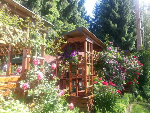a flower garden in front of a house with flowers at Penzion Pod Boubínem in Kubova Huť