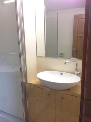 a bathroom with a white sink and a mirror at Kieferhof in Iselsberg
