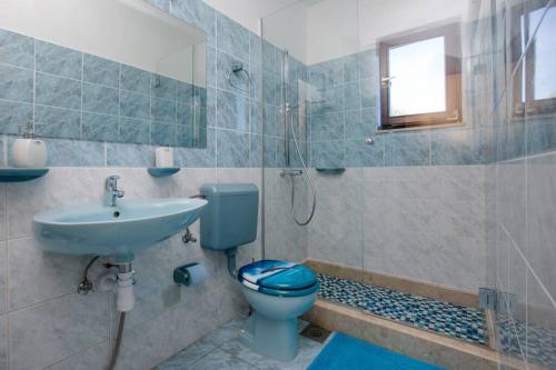 a bathroom with a blue toilet and a sink at Villa Cerjan - Sevid in Sevid