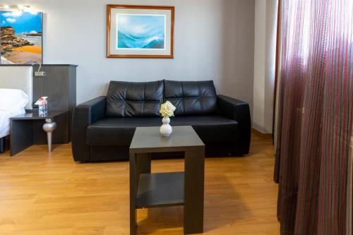 a living room with a black couch and a table at Chateau La Roca in Sancibrián