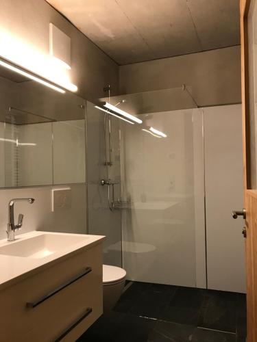 bagno con doccia, lavandino e servizi igienici di Kieferhof a Iselsberg