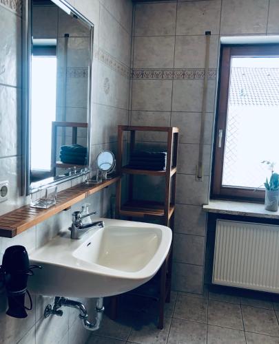 a bathroom with a sink and a mirror and a window at Ferienwohnungen Hecker in Bad Gögging