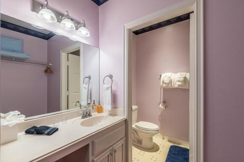 a bathroom with a sink and a toilet and a mirror at Apples Bed and Breakfast Inn in Big Bear Lake