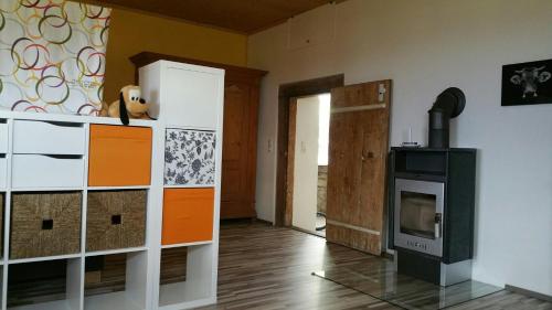a living room with a fireplace and a stove at Ferienwohnung Düns4 in Düns