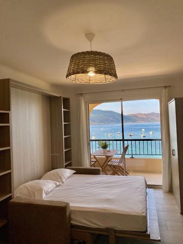 une chambre avec un lit et une vue sur l'océan dans l'établissement Studio 3 personnes Front de Mer, à Tiuccia