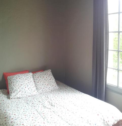 - une chambre avec un lit avec deux oreillers et une fenêtre dans l'établissement L'ecole des Filles, à Poncé sur Le Loir