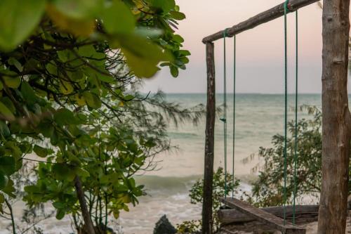 a swing on the beach with the ocean in the background at Mbuyuni Beach Village in Jambiani