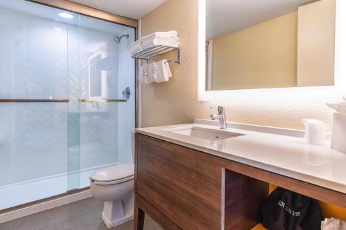 La salle de bains est pourvue d'un lavabo, de toilettes et d'une douche. dans l'établissement Holiday Inn Miami International Airport, an IHG Hotel, à Miami