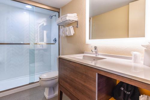 e bagno con lavandino, servizi igienici e doccia. di Holiday Inn Miami International Airport, an IHG Hotel a Miami