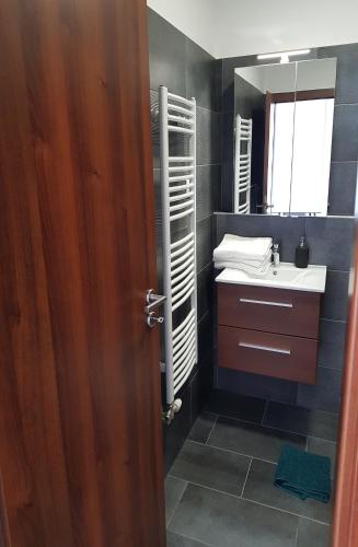 a bathroom with a sink and a mirror and a door at GalériusPrémium8 in Siófok