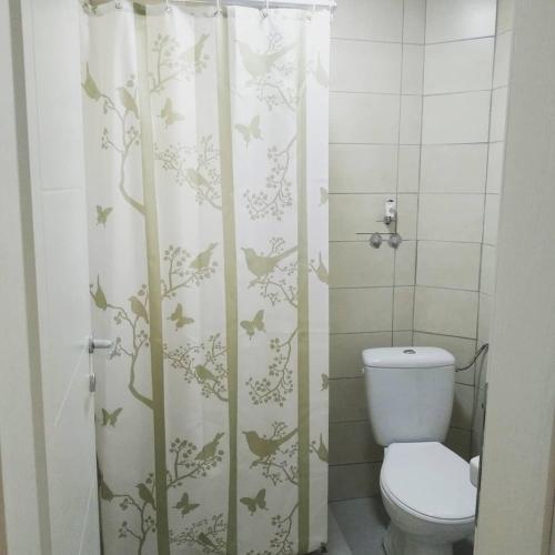 a bathroom with a toilet and a shower curtain with birds at The Brothers Villa Hotel in Ohrid