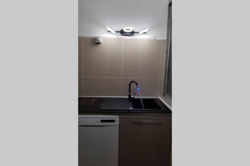 - une cuisine avec un évier et un comptoir dans l'établissement Appartement front Vieux Port tout option jacuzzi, à Marseille