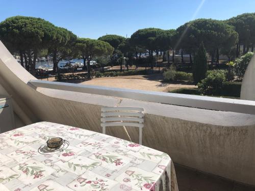 un tavolo e una sedia sul balcone con vista sul parco di Studio 27m2 proche de la plage a Le Grau-du-Roi