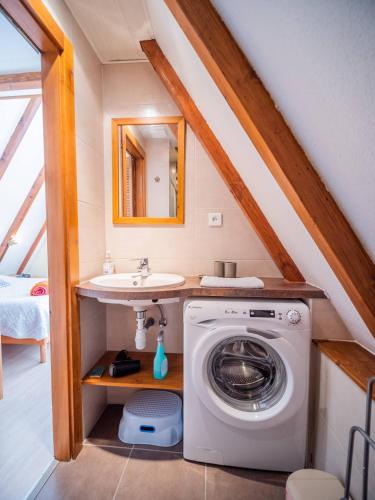 une salle de bain avec une machine à laver et un lavabo dans l'établissement 4 gites individuels à Kaysersberg, à Kaysersberg