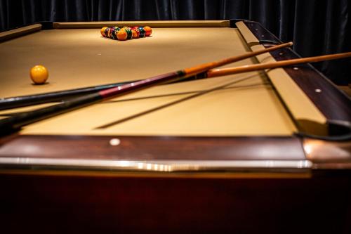 a pool table with two cue sticks and a ball at THE STEEL HOUSE in Kitakyushu