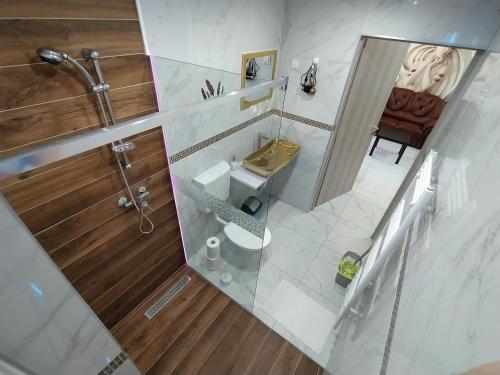 an overhead view of a bathroom with a sink and a toilet at Emmabella Apartmanok Eger in Eger