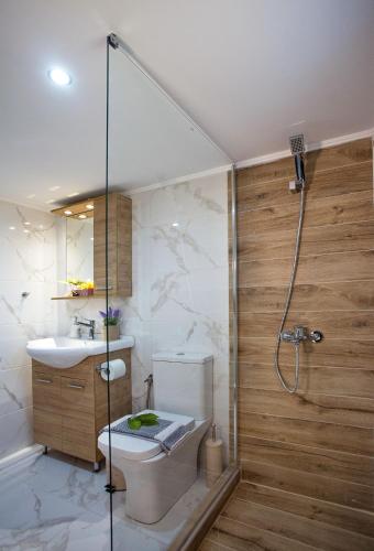 a bathroom with a shower and a toilet and a sink at Kaiafas Luxury Philoxenia in Nea Peramos