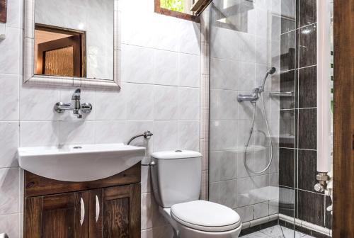 a bathroom with a toilet and a sink and a shower at Ośrodek Wczasowy Leśny Resort Mielno in Mielno