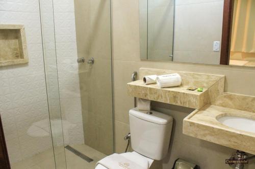 a bathroom with a shower and a toilet and a sink at Casagrande Olímpia Hotel in Olímpia