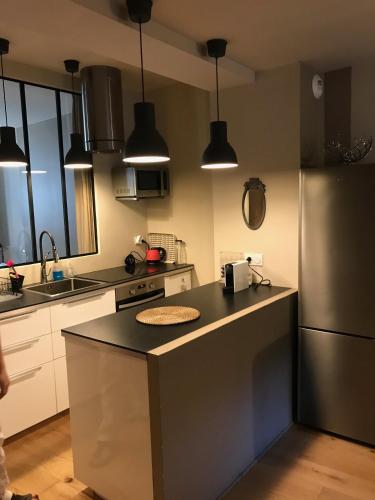 a kitchen with a refrigerator and a counter top at T2 centre ville avec extérieur in Avignon