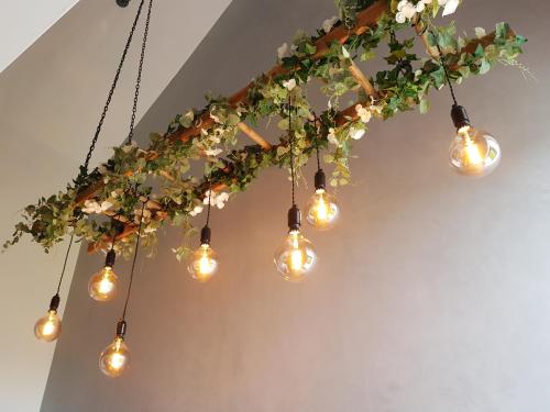 a chandelier with lights hanging from a ceiling at Woodcock Farm in Glossop