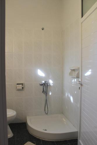 a bathroom with a shower with a tub and a toilet at Germanos Studios in Kato Loutraki